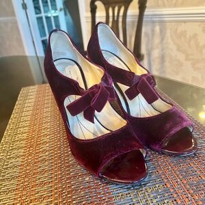 Kate Spade Velvet Wine Peep Toe Heels with Strap and Bow Across Foot Size 10